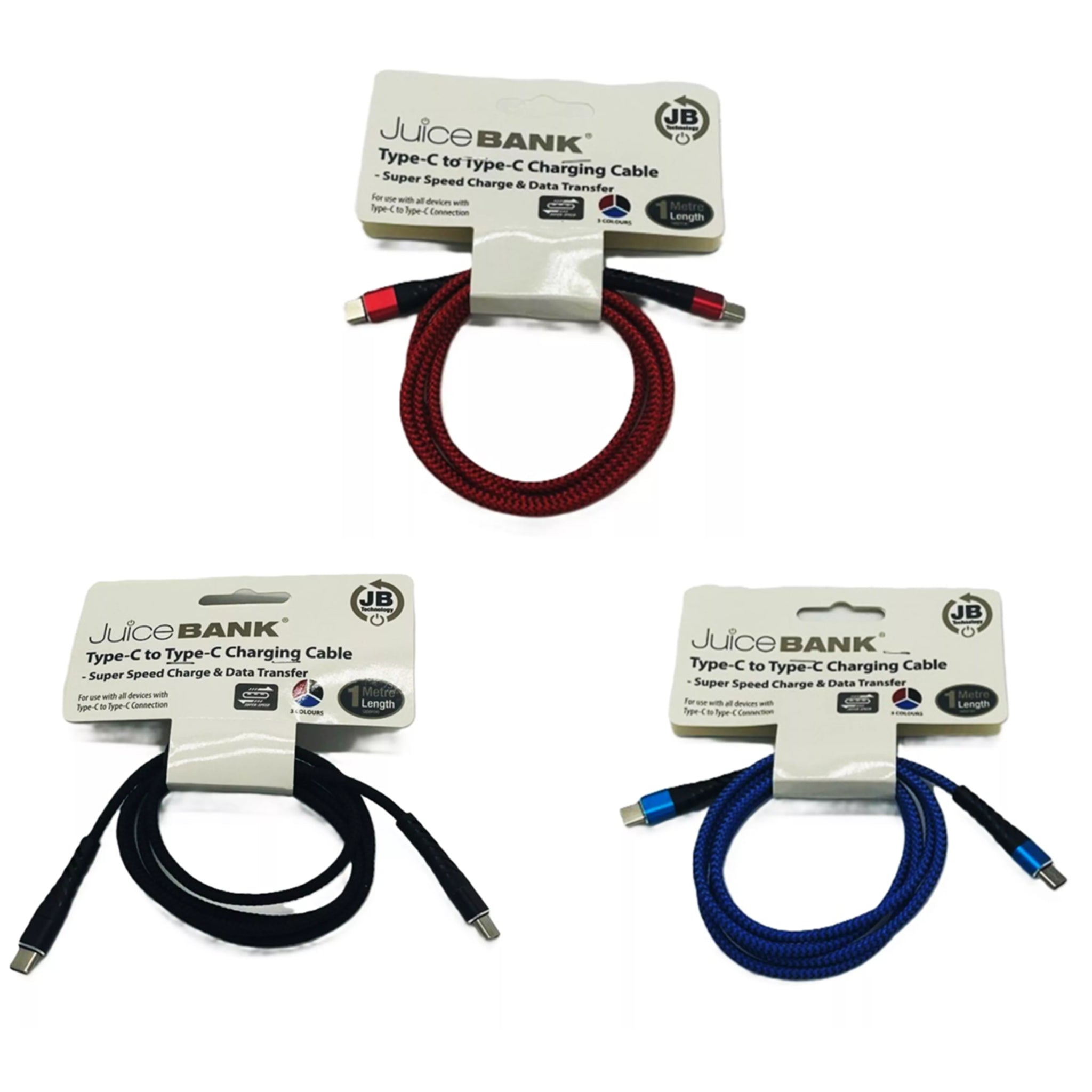 JuiceBank 3 pack USB Type-C to Type-C braided charging cables ā fast charge and data transfer for compatible Android devices, tablets, and laptops